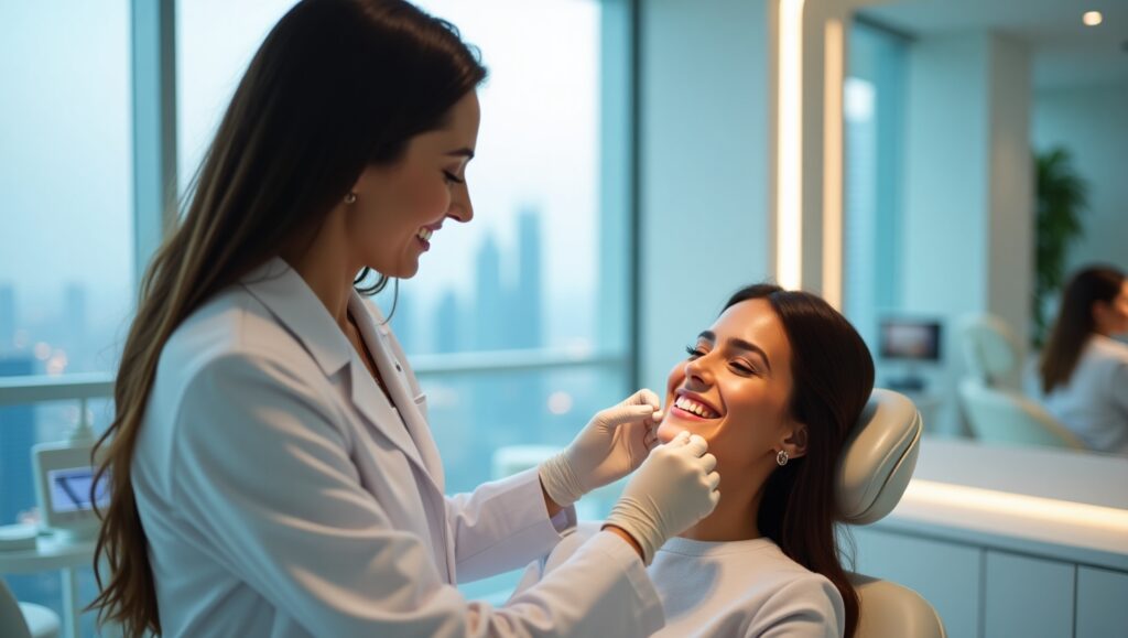 Best dental veneers in Dubai – A dentist applying porcelain veneers to a smiling patient in a modern clinic with advanced equipment