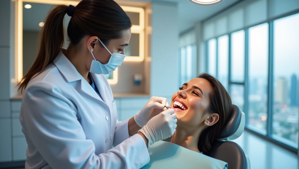 Top dental veneers clinic in Dubai – A skilled dentist placing high-quality porcelain veneers on a patient for a perfect smile